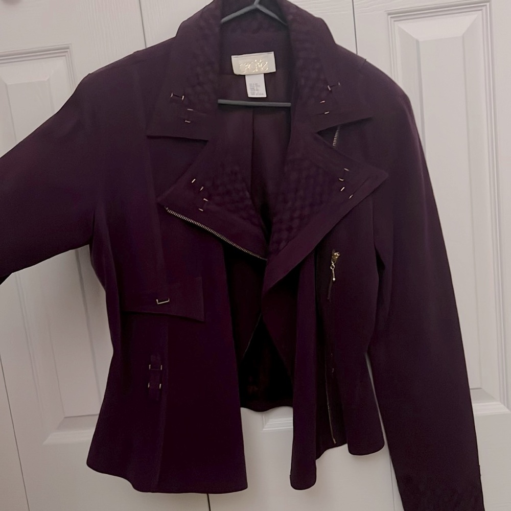 Purple Cache jacket with gold zippers